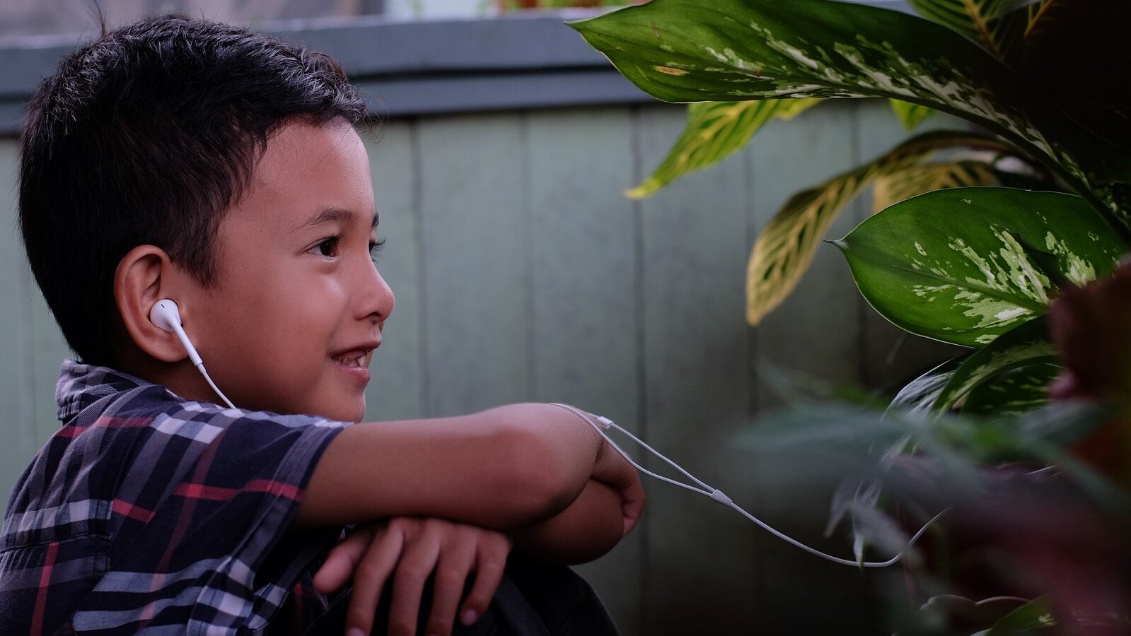 Ein Junge sitzt mit Kopfhoerern vor einer Pflanze und lacht