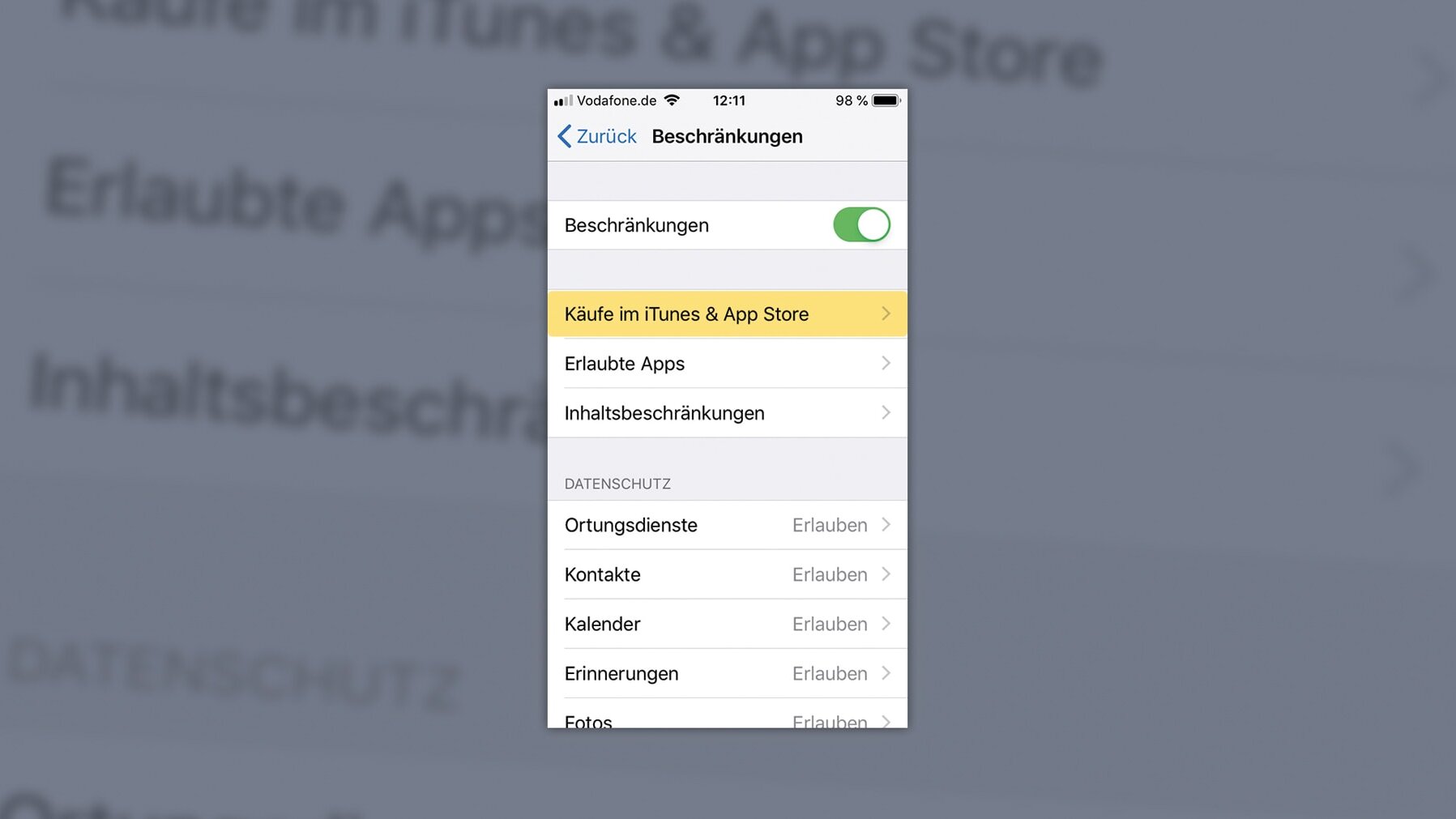 Screenshot iPhone-Einstellungen