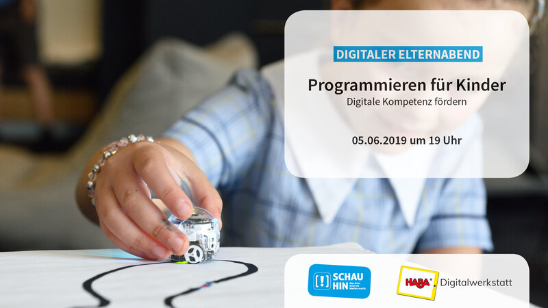Grafik zum digitalen Elternabend zum Thema „Programmieren für Kinder. Digitale Kompetenz fördern.“ am 5.6. um 19 Uhr.