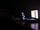 Ein Teddybaer sitzt im Dunkeln vor einem Laptop