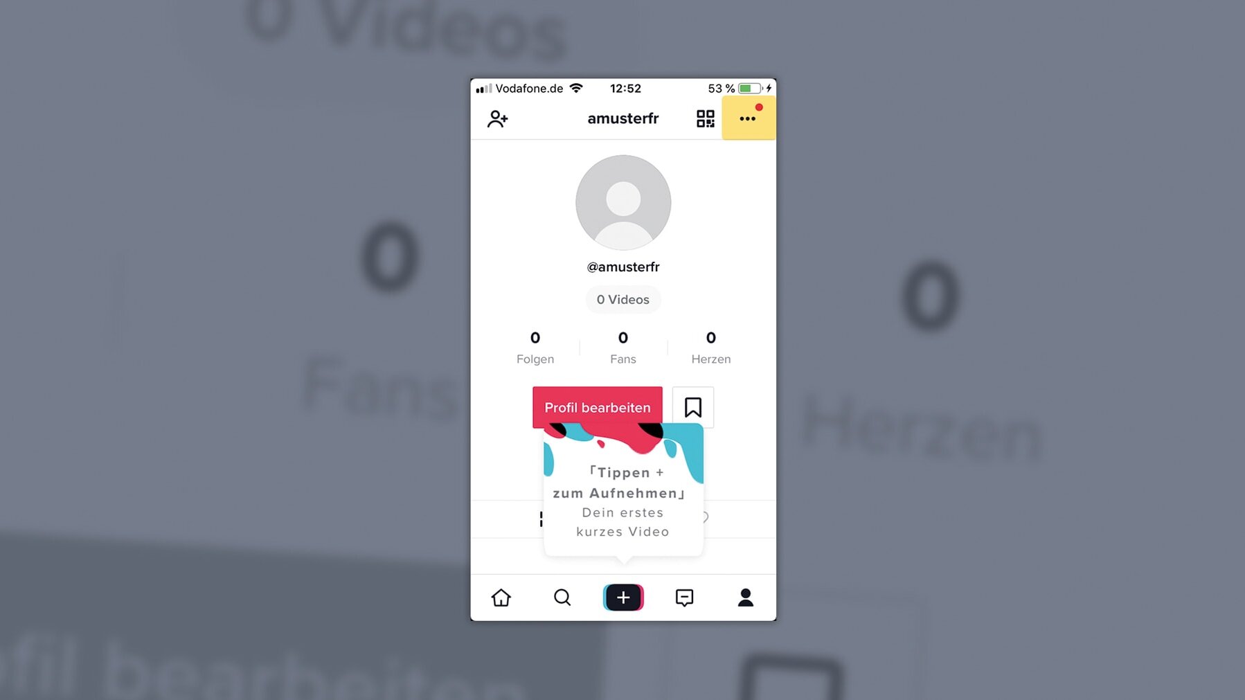 Screenshot des TikTok-Profils: Oben rechts befinden sich die Einstellungen.