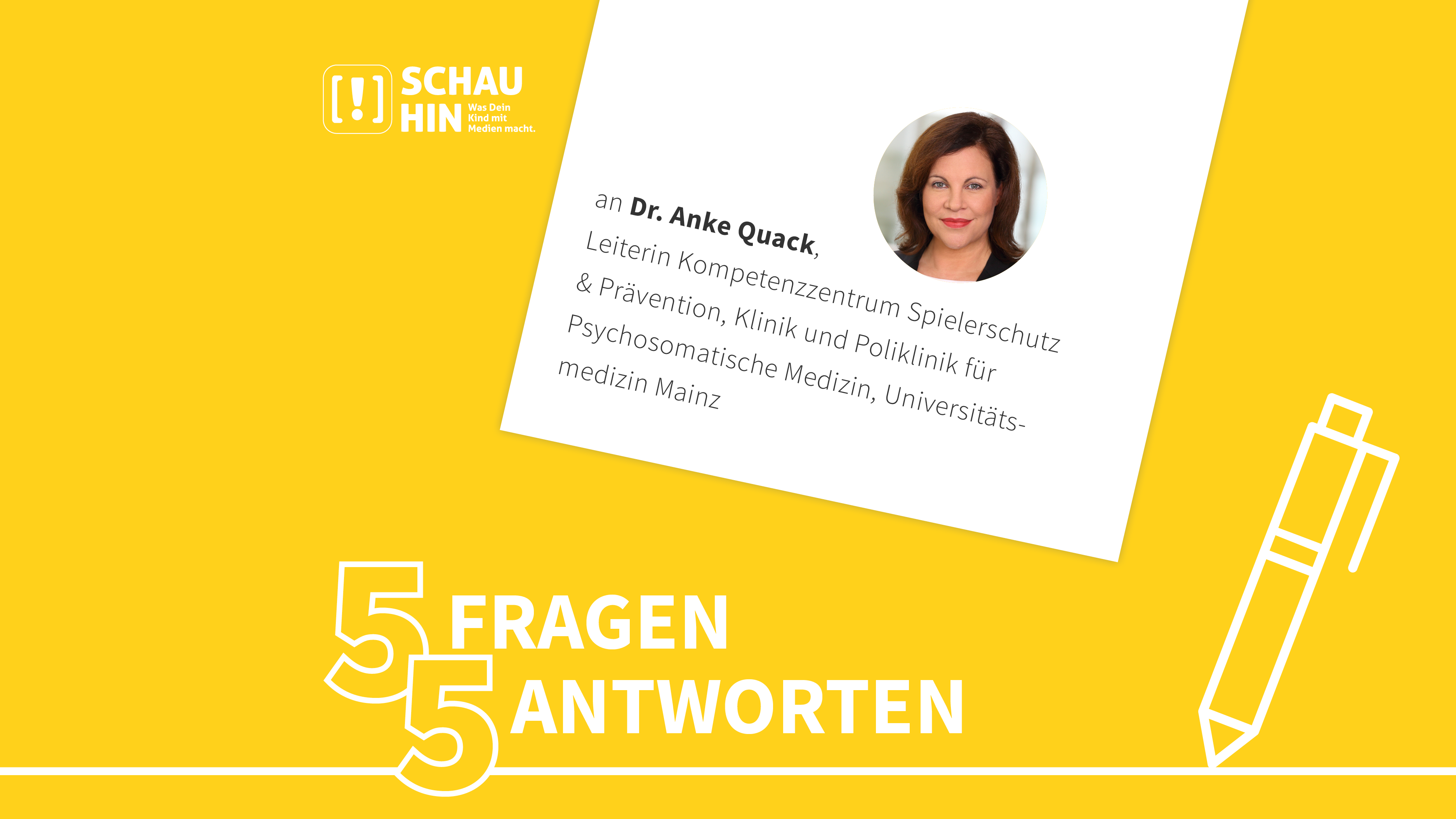 Grafik mit dem Portrait von Dr. Anke Quack und ihrem Beruf als Leiterin des Kompetenzzentrums für Spielerschutz & Prävention an der Klinik und Poliklinik für Psychosomatische Medizin der Universitätsmedizin Mainz 