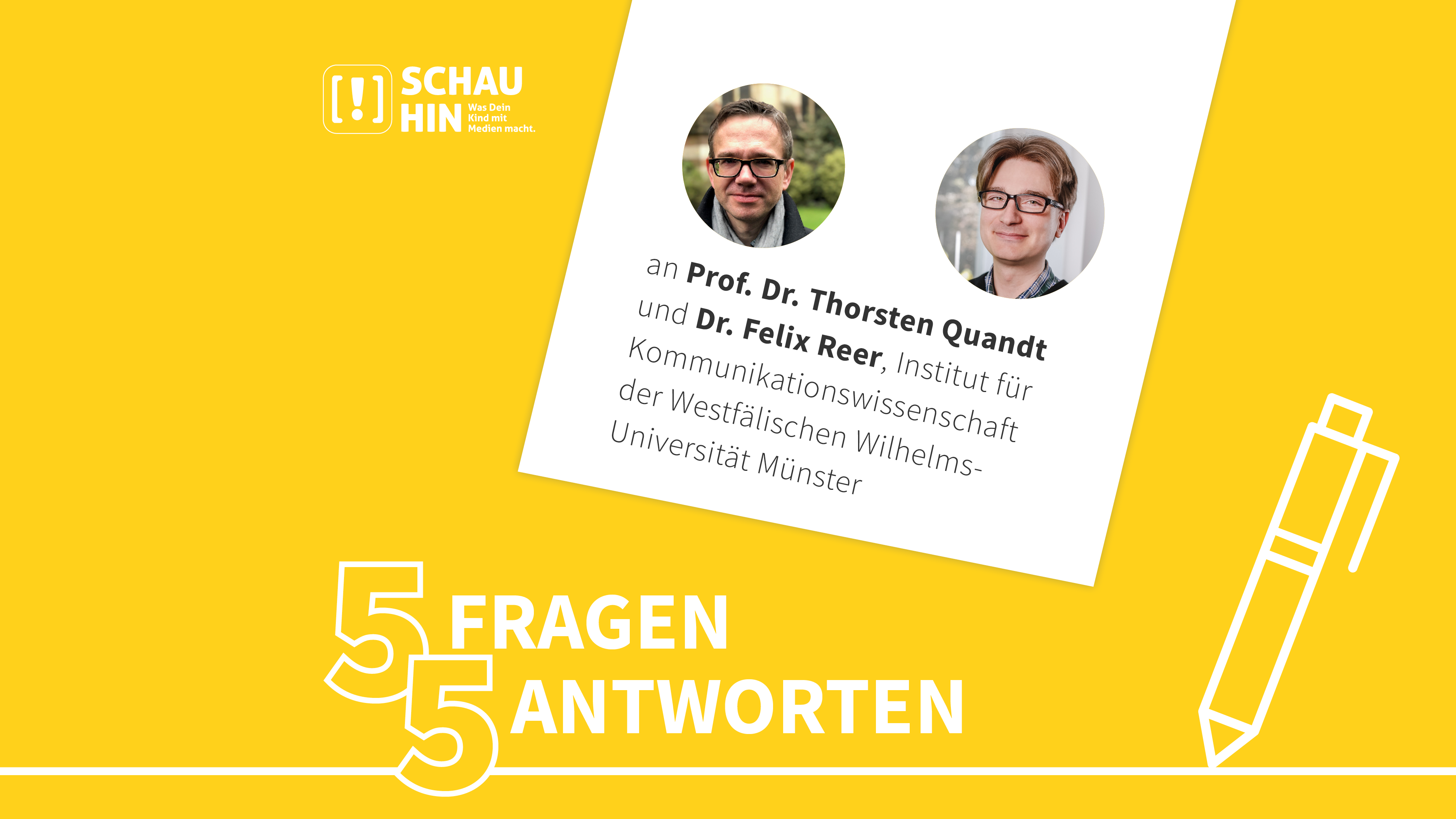 Grafik mit dem Portrait von Prof. Dr. Thorsten Quandt und Dr. Felix Reer mit der Nennung des Insitituts für Kommunikationswissenschaft der Westfälischen Wilhelms-Universität Münster