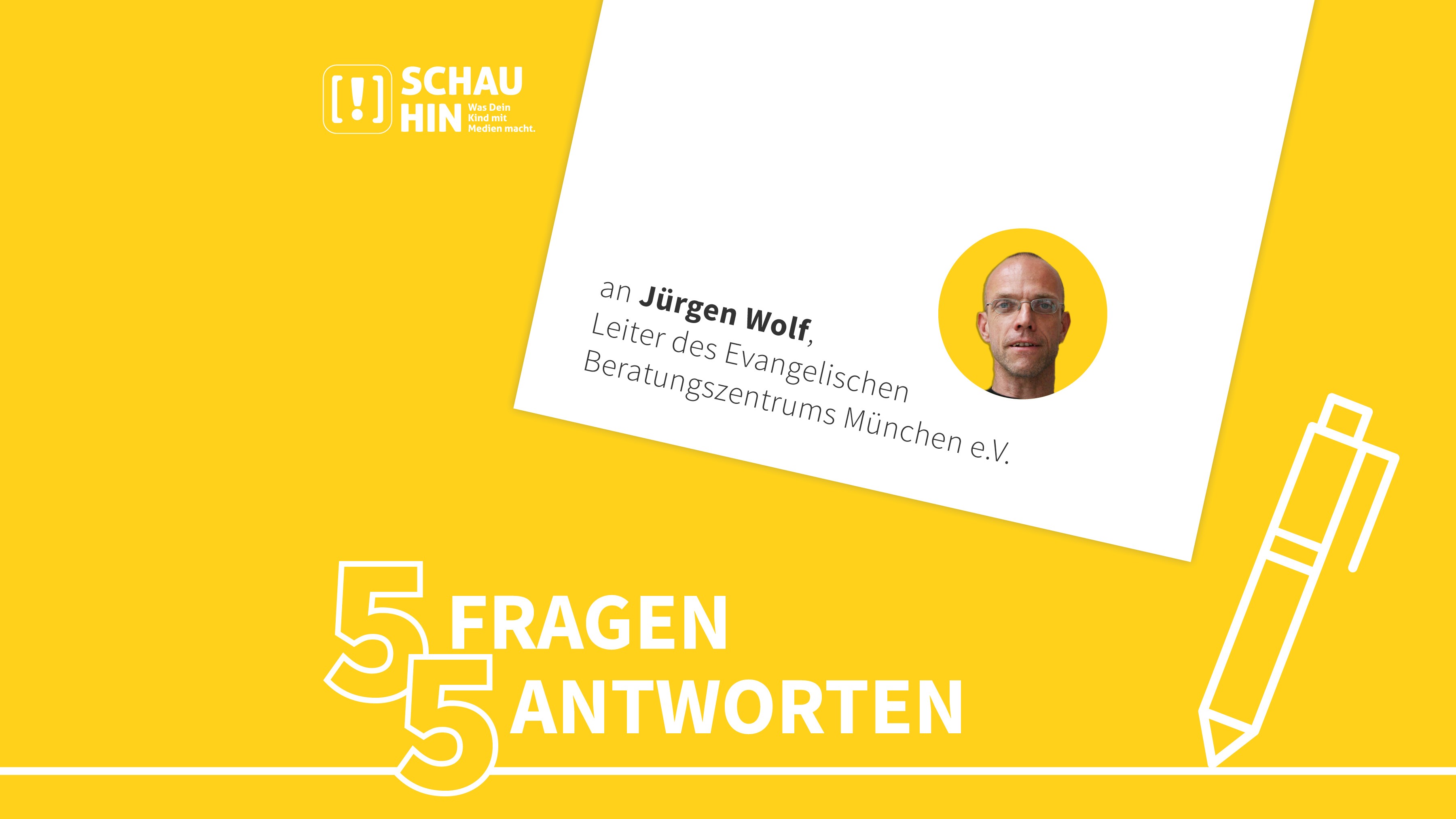 Grafik zur Interviewreihe „5 Fragen – 5 Antworten“ mit Jürgen Wolf vom Evangelischen Beratungszentrum München e.V. 