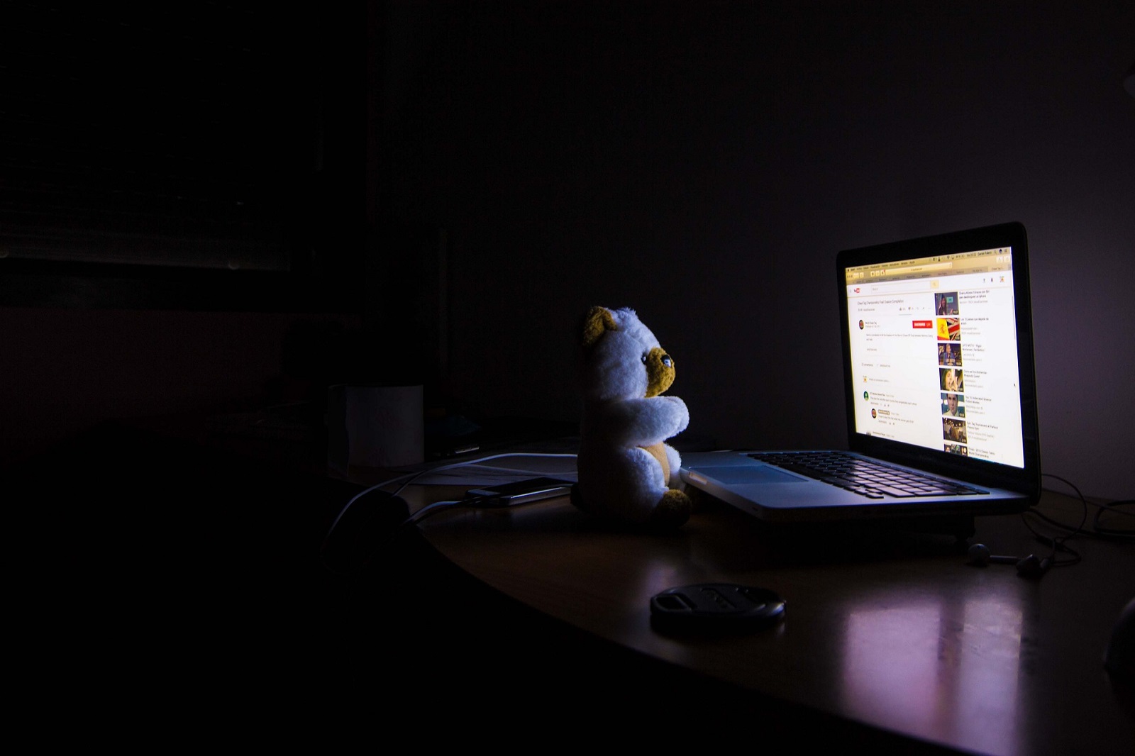Ein Teddybaer sitzt im Dunkeln vor einem Laptop