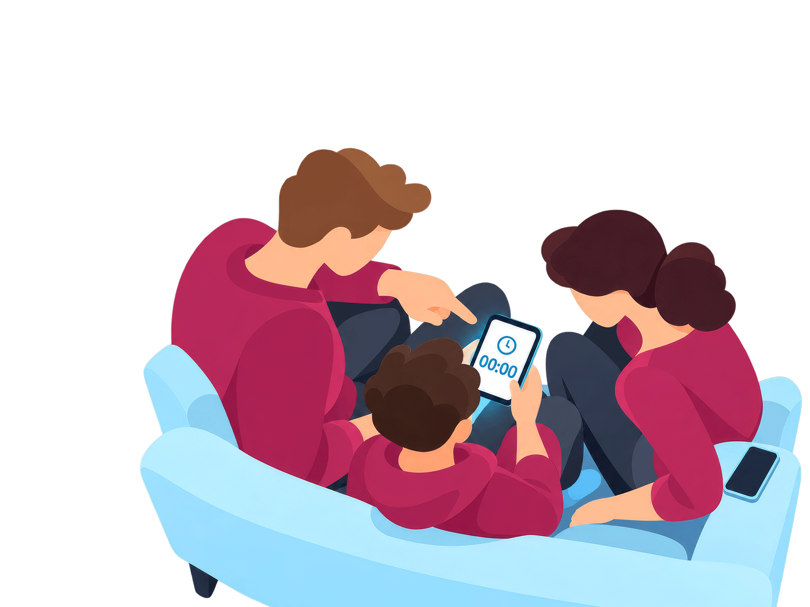 Zwei Erwachsene und ein Kind sitzen auf dem Sofa und schauen auf ein Tablet in der Hand des Kindes. Auf dem Tablet läuft ein Timer.