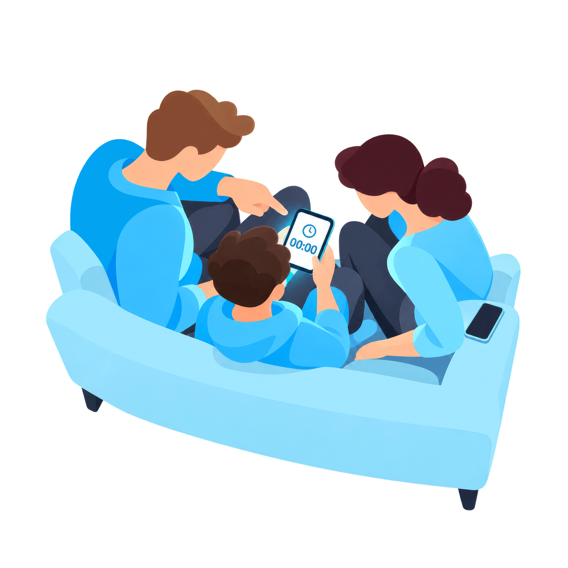 Illustration von zwei Erwachsenen mit einem Kind auf einem Sofa. Alle schauen auf ein Tablet in der Hand des Kindes.