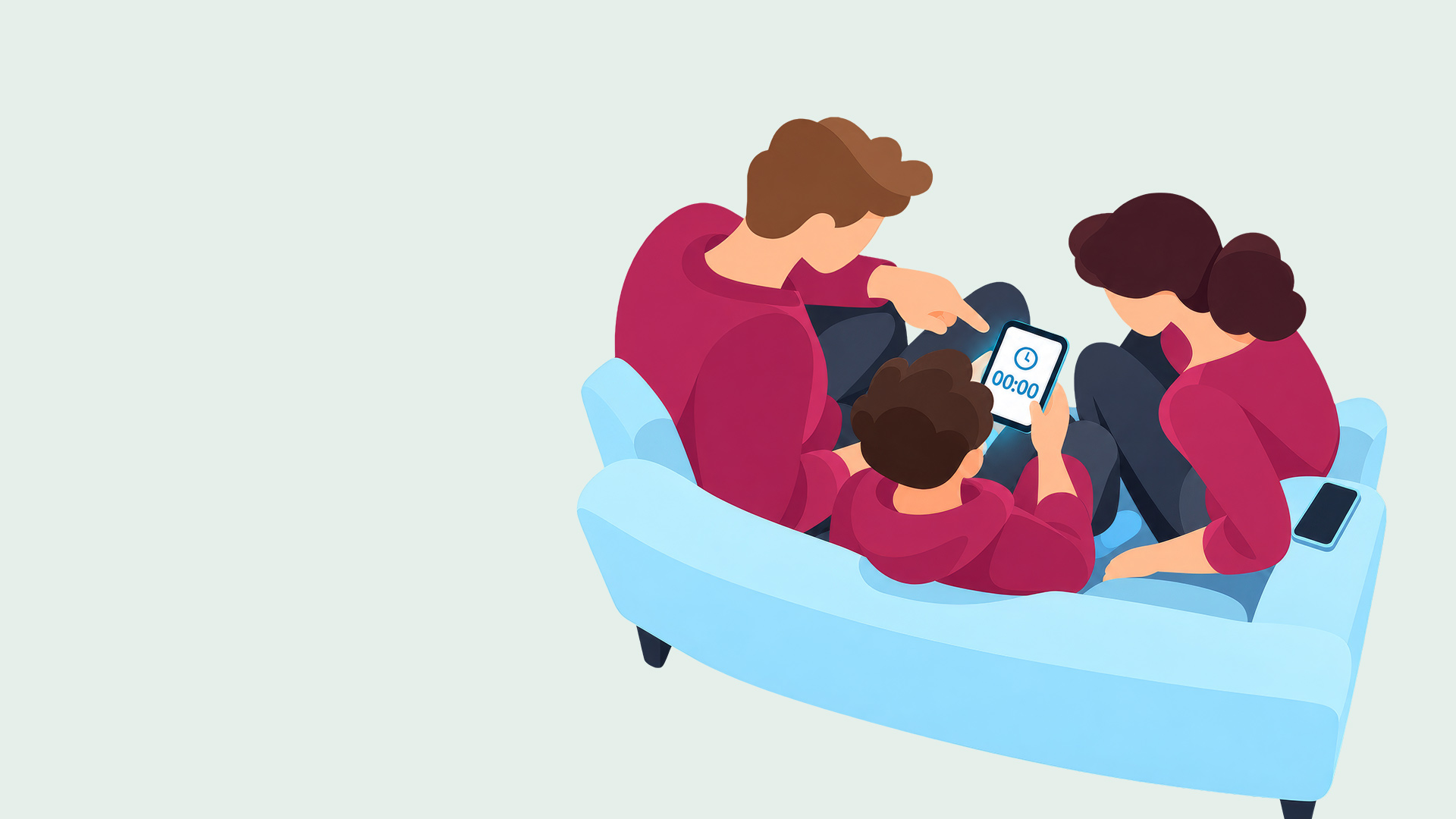 Illustration: Zwei Erwachsene und ein Kind sitzen auf einem Sofa und schauen auf ein Smartphone. Auf dem Smartphone läuft ein Timer.