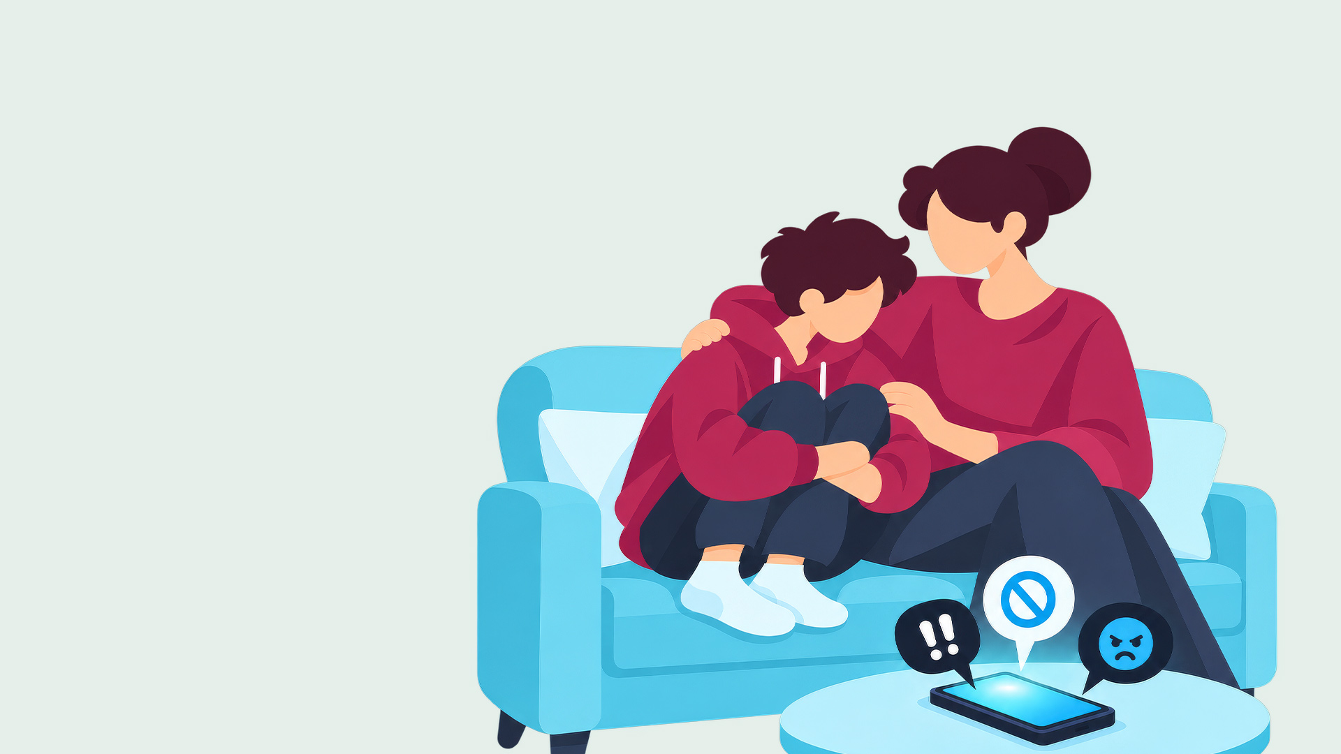Illustration: Ein Kind und eine Frau sitzen auf einem Sofa. Die Frau legt einen Arm um das Kind. Vor ihnen liegt ein Smartphone auf einem Tisch. Über dem Smartphone sind Sprechblasen mit einem bösen Emoji, zwei Ausrufezeichen und einem Verboten-Symbol.