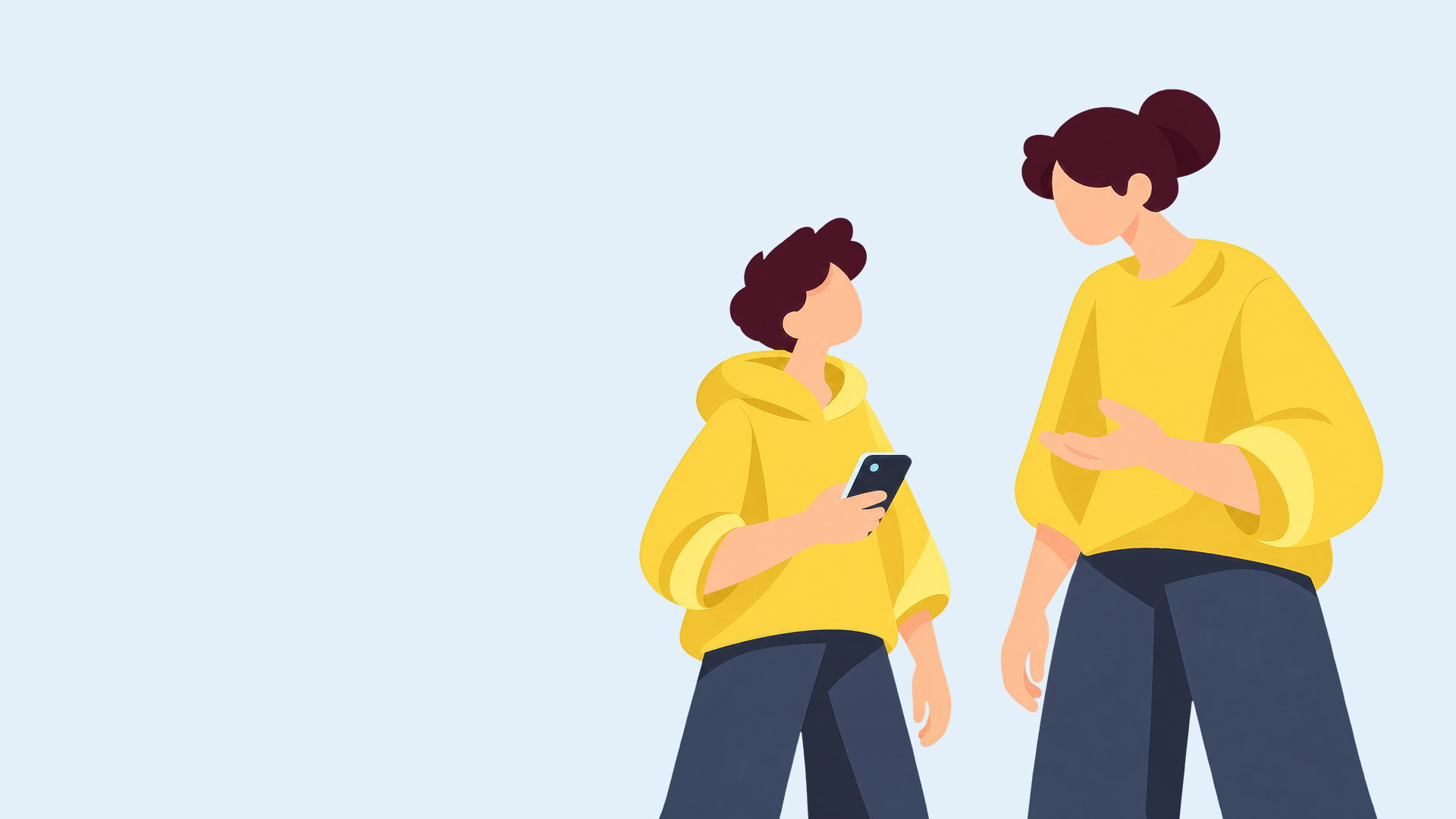 Illustration: Ein Kind und eine Frau stehen nebeneinander und schauen sich an. Das Kind hält ein Smartphone in der Hand.