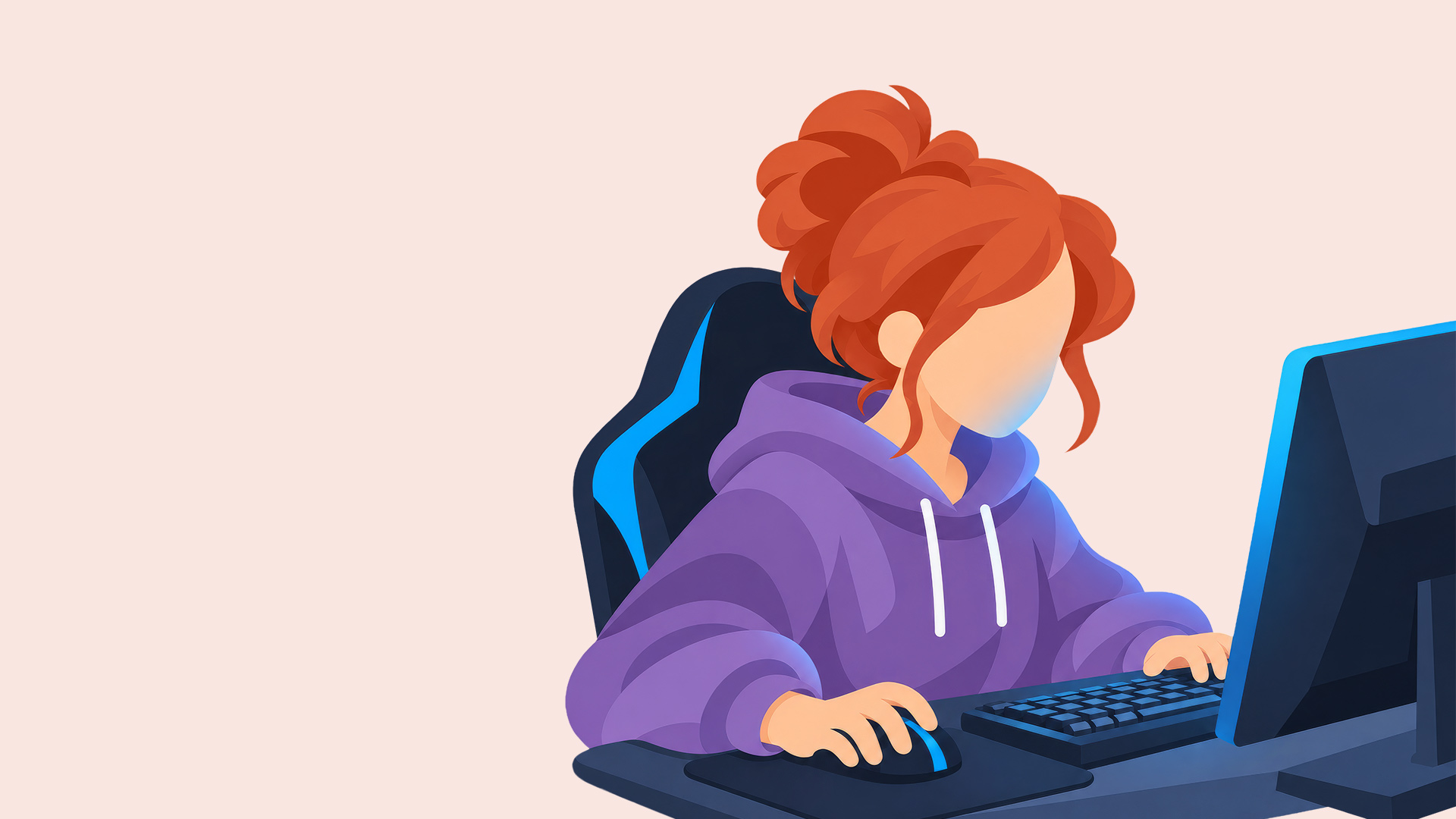 Illustration: Ein Mädchen sitzt auf einem Gaming-Stuhl an einem PC und tippt auf der Tastatur.