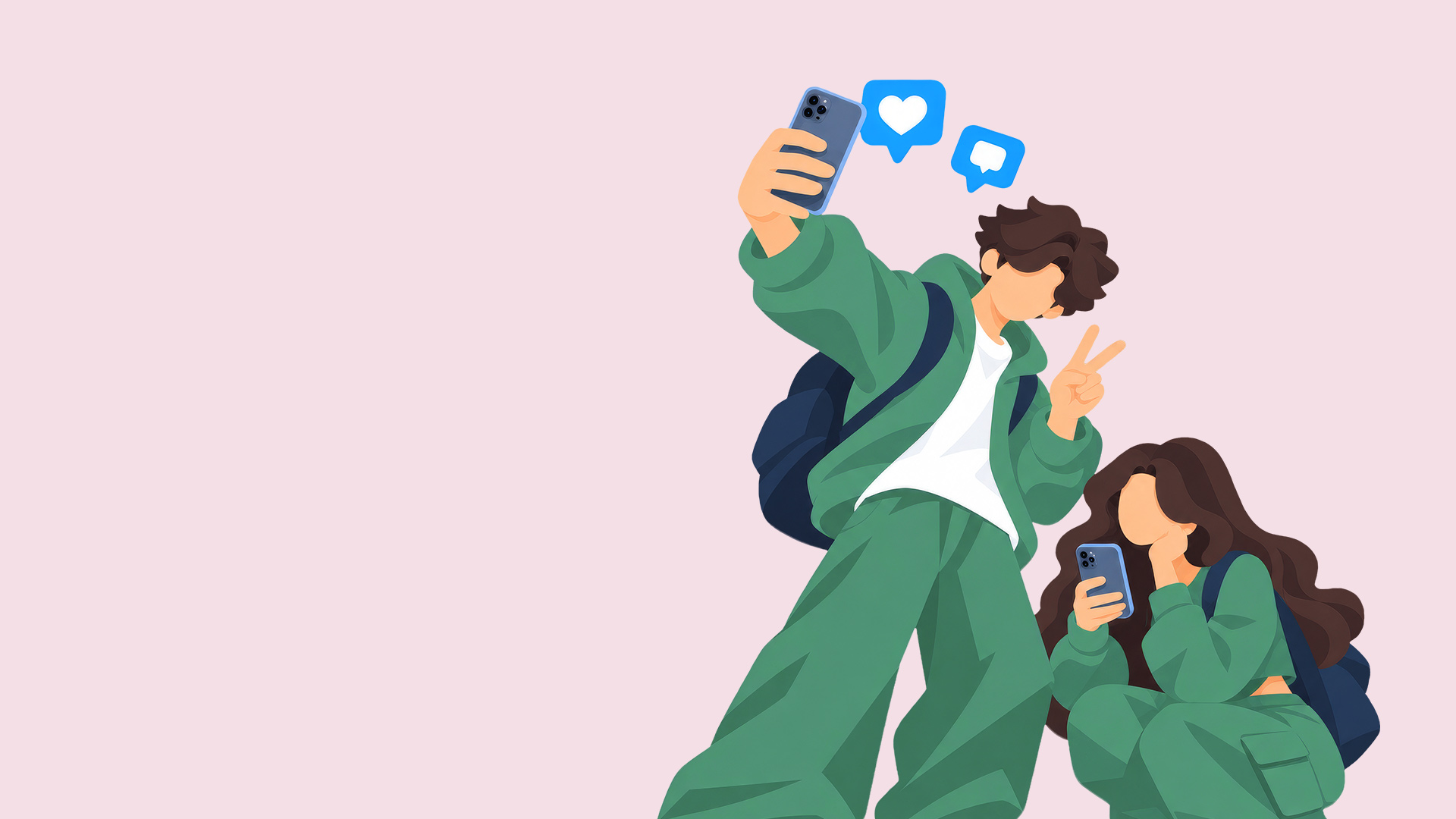 Illustration: Ein Junge und ein Mädchen nebeneinander am Smartphone. Der Junge macht ein Selfie. Neben seinem Kopf zwei Sprechblasen mit Herzchen.