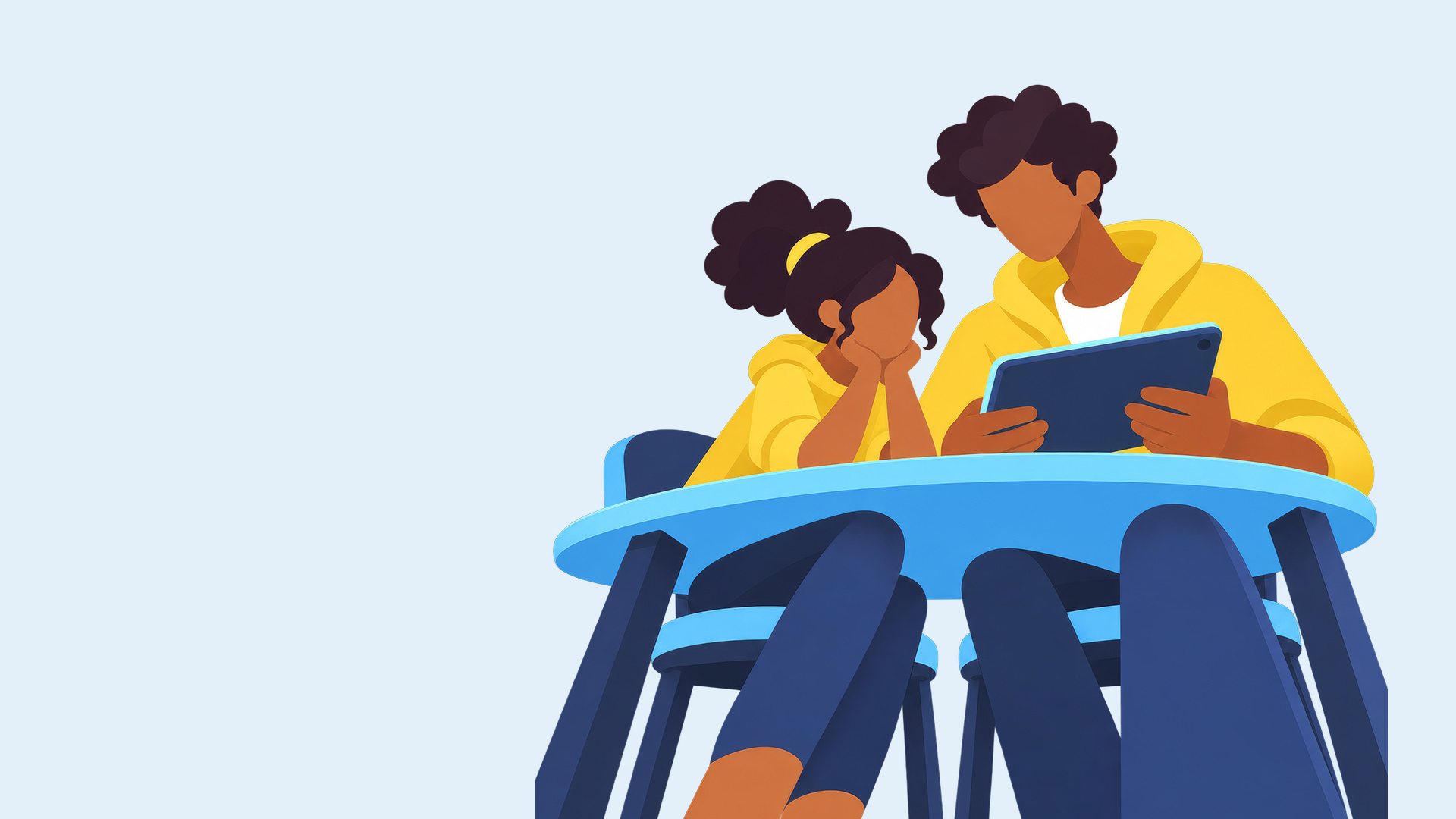 Illustration: Zwei Personen sitzen an einem Tisch und schauen auf ein Tablet.