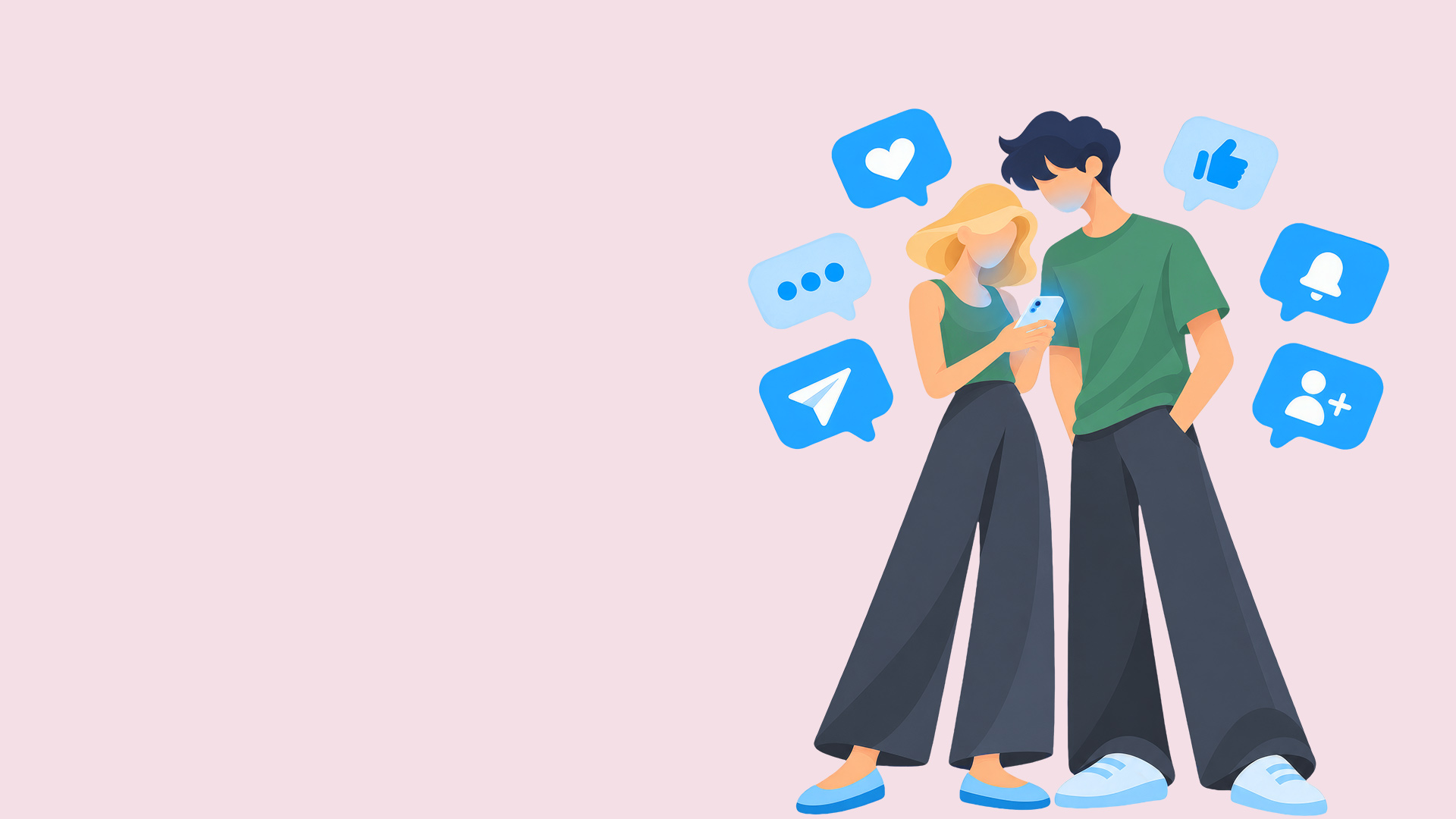 Illustration: Zwei Personen stehen nebeneinander und schauen auf ein Smartphone. Um sie herum Sprechblasen mit folgenden Symbolen: Follow, Glocke, Daumen hoch, Herzchen, drei Punkten, Brief.
