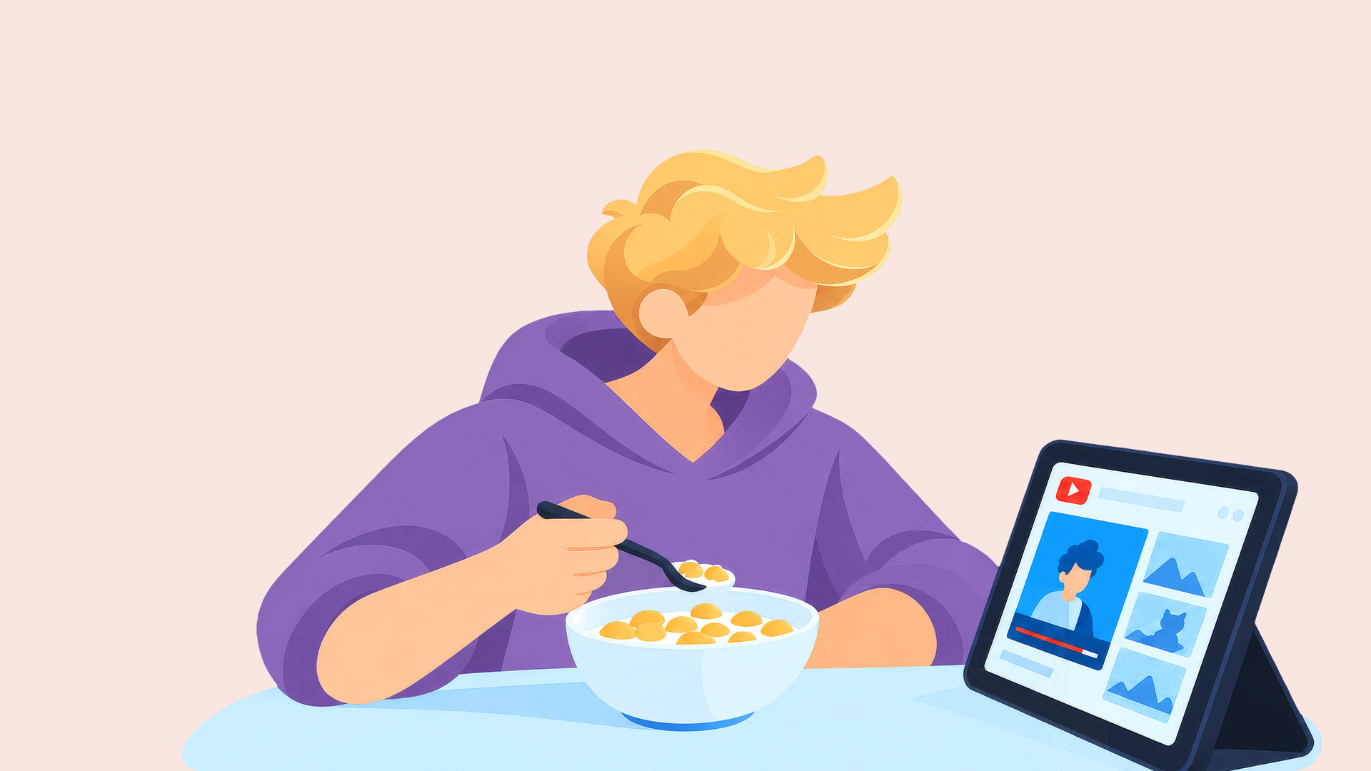 Illustration: Ein Junge sitzt an einem Tisch und isst. Neben ihm ein Tablet, auf dem ein YouTube-Video läuft.