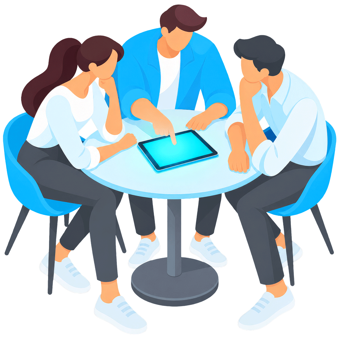 Illustration: Drei Personen sitzen an einem Tisch und schauen auf ein Tablet in der Tischmitte.