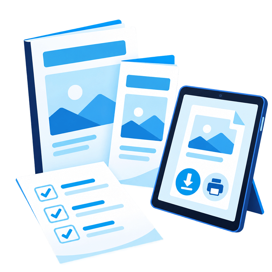 Illustration: Checkliste, Tablet mit Flyer zum Downloaden, Flyer, Broschüre.