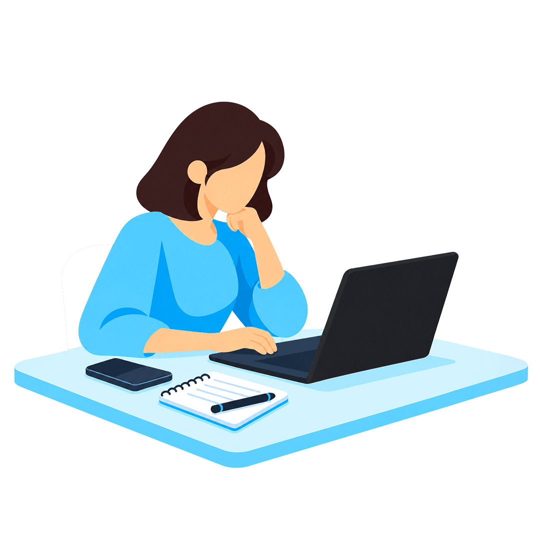 Illustration: Eine Person sitzt an einem Laptop. Daneben Stift, Zettel und Smartphone.