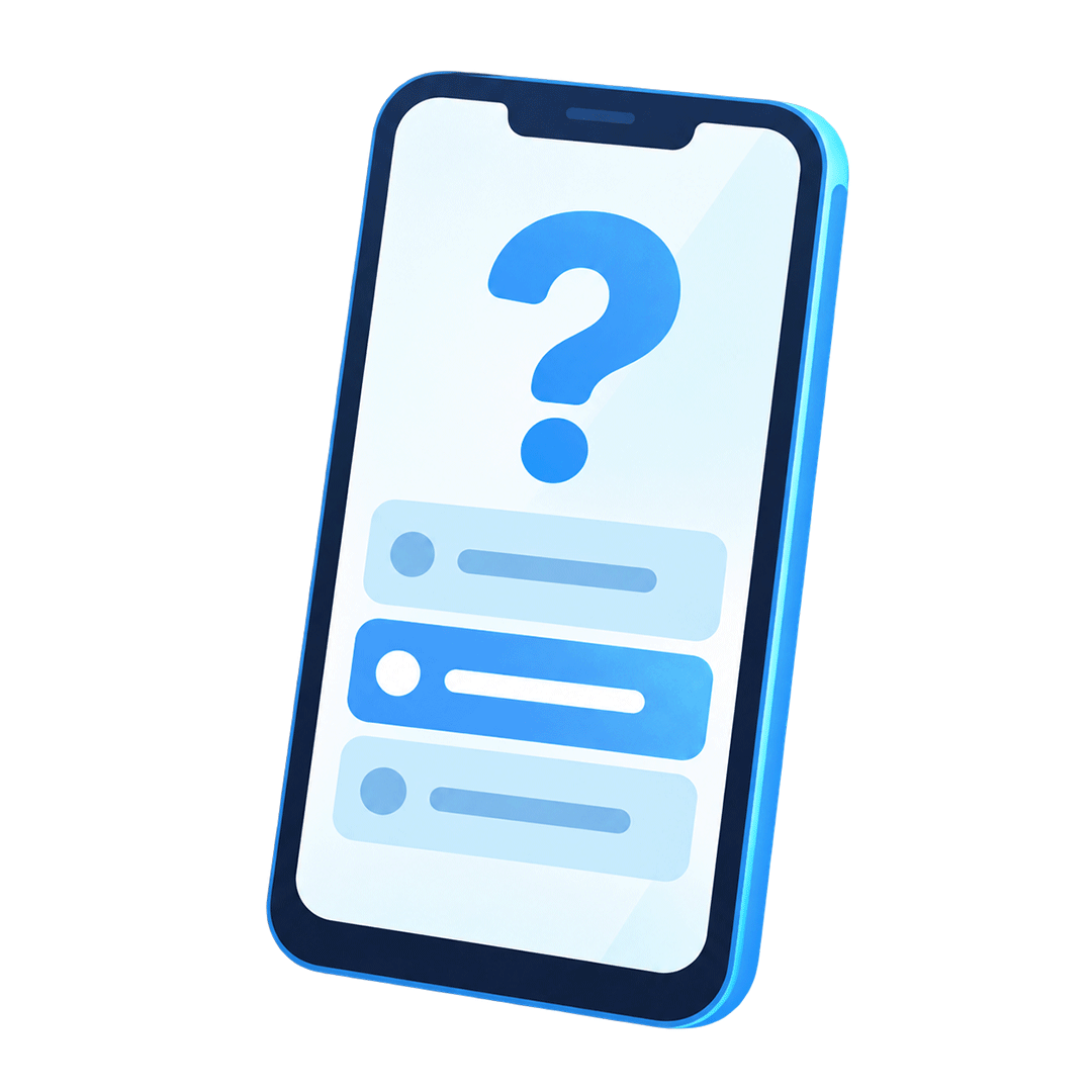 Illustration: Smartphone mit einem Fragezeichen und drei Antwort-Möglichkeiten auf dem Display.