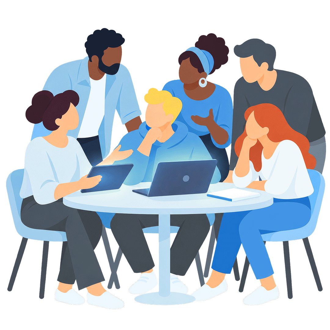 Illustration: Mehrere Personen sitzen an und stehen um einen Tisch herum und unterhalten sich. Auf dem Tisch steht ein Laptop, eine Person hält ein Tablet.